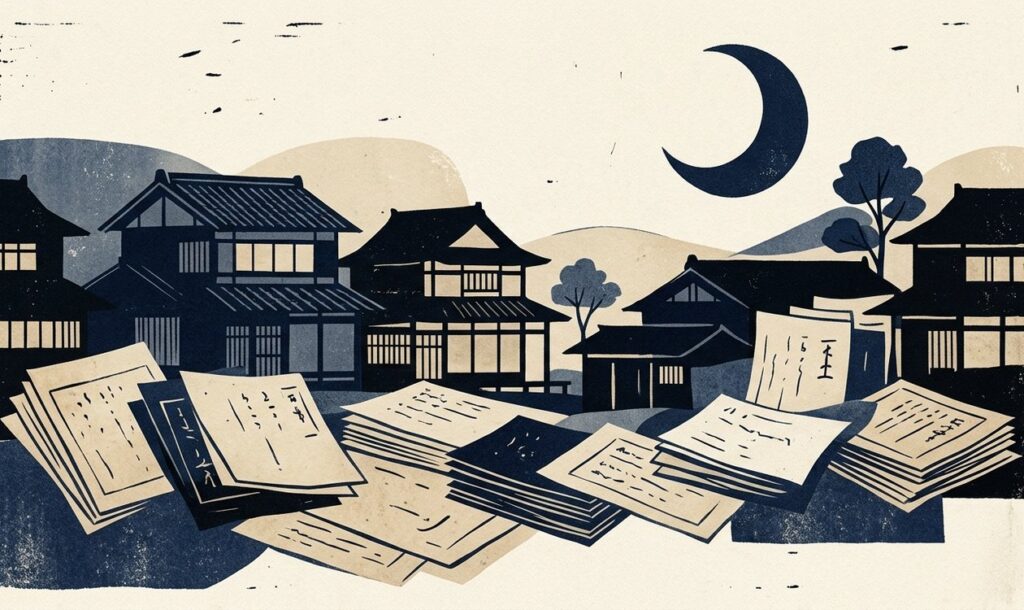 日本家屋のシルエットと書類の紙束を描いた和モダンなイラスト