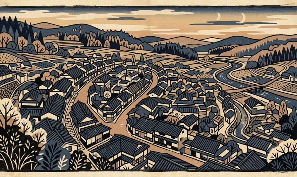 屋根が連なる町の街並みを俯瞰した和モダンなイラスト