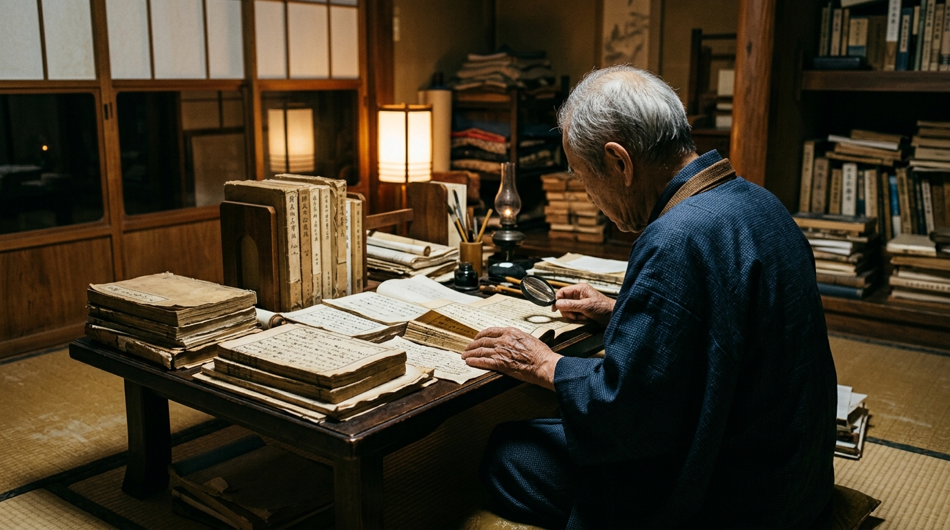 本文画像: 古文書を読む書斎の情景