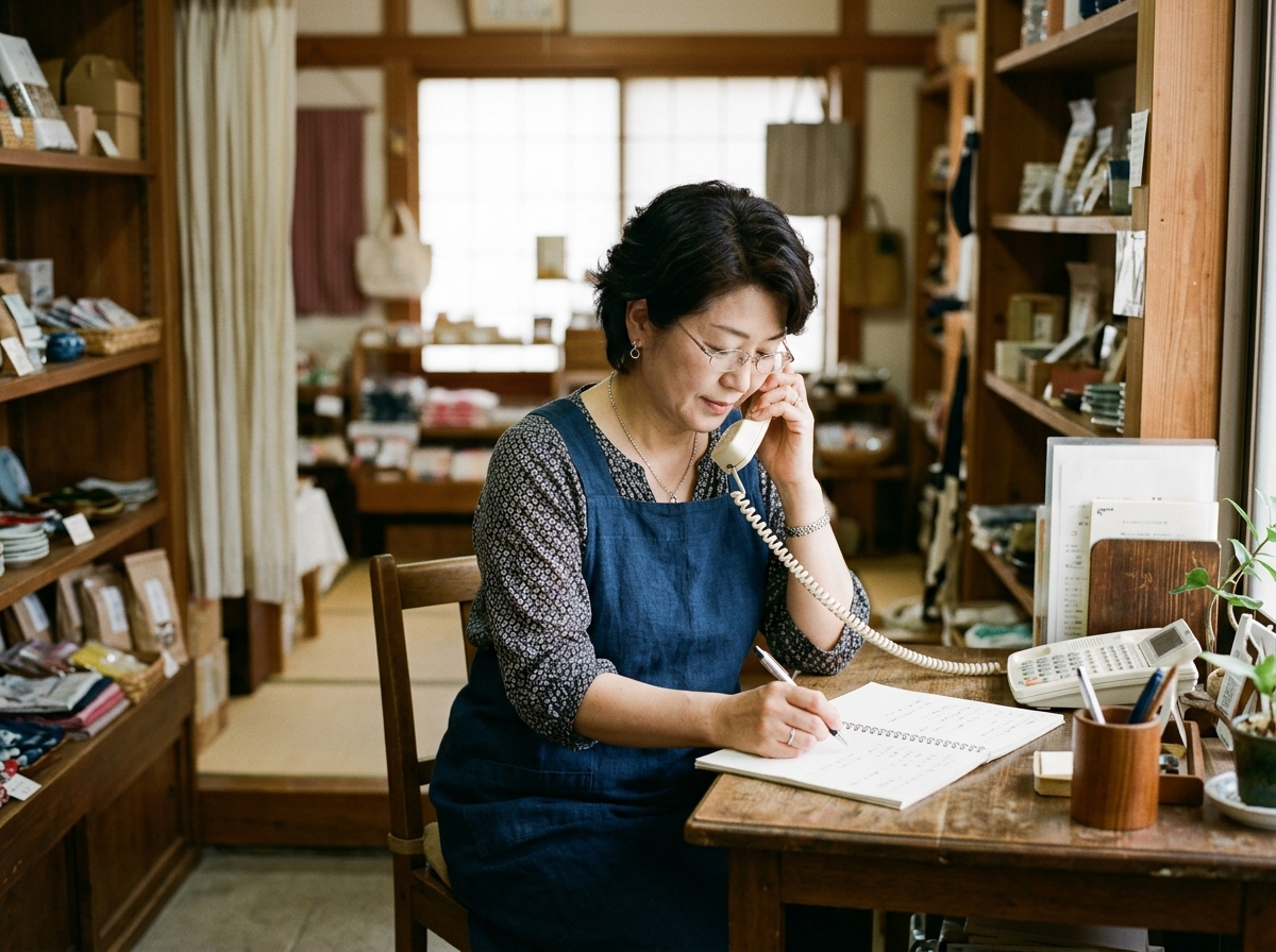 本文画像: 相談窓口に電話する店主