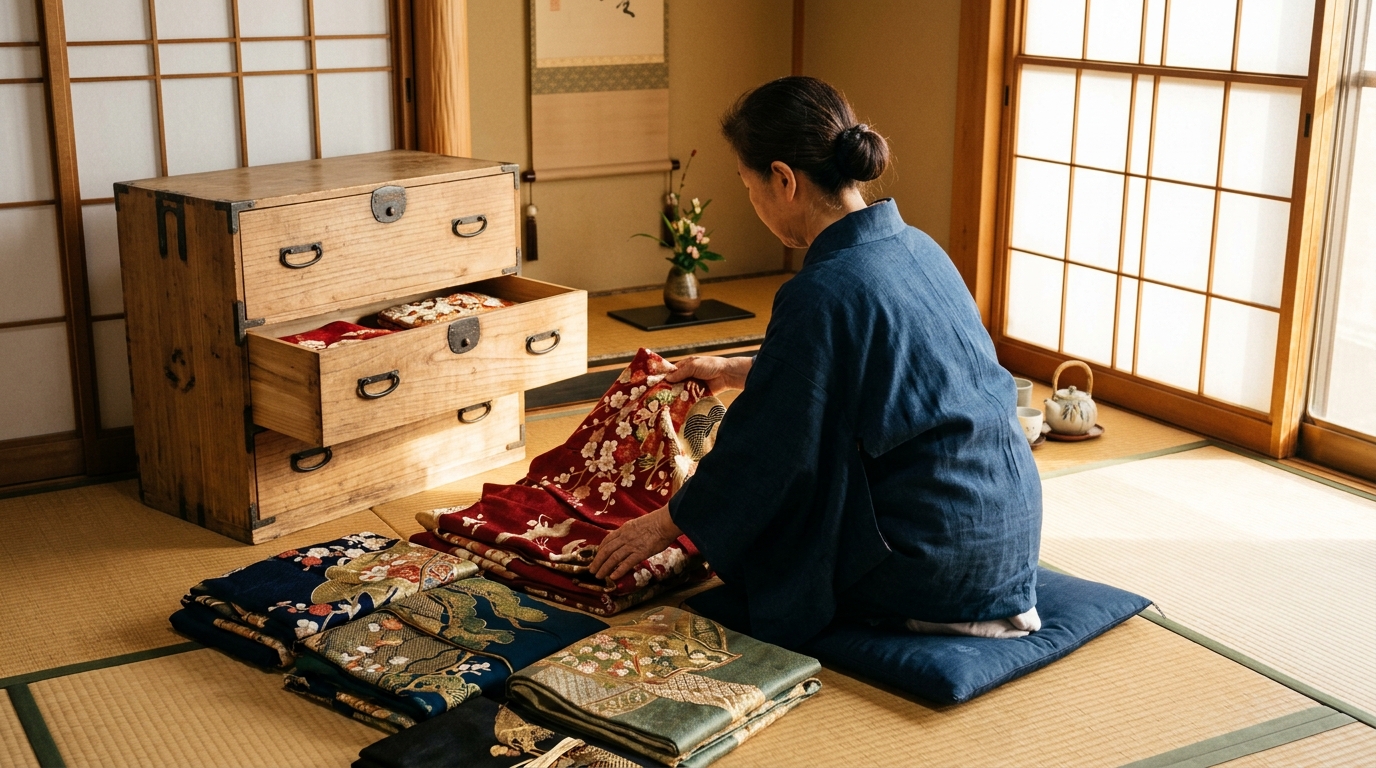 本文画像: 着物の入ったたんすを整理する様子