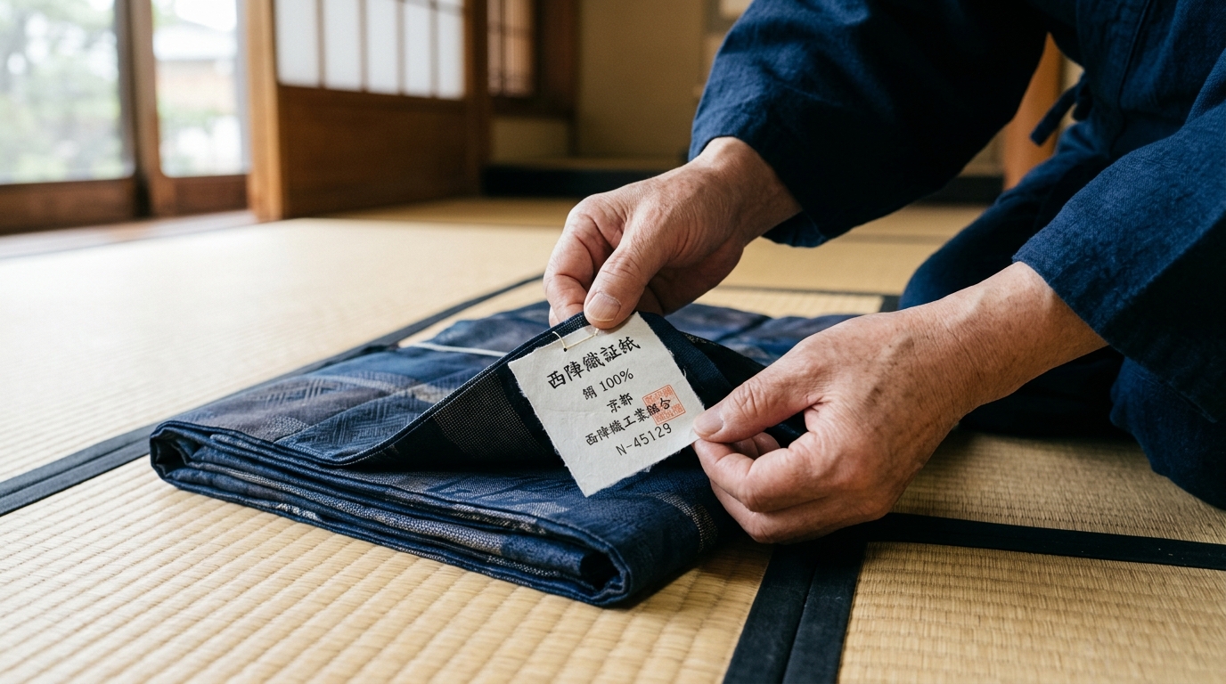 本文画像: 着物の証紙を確認する様子