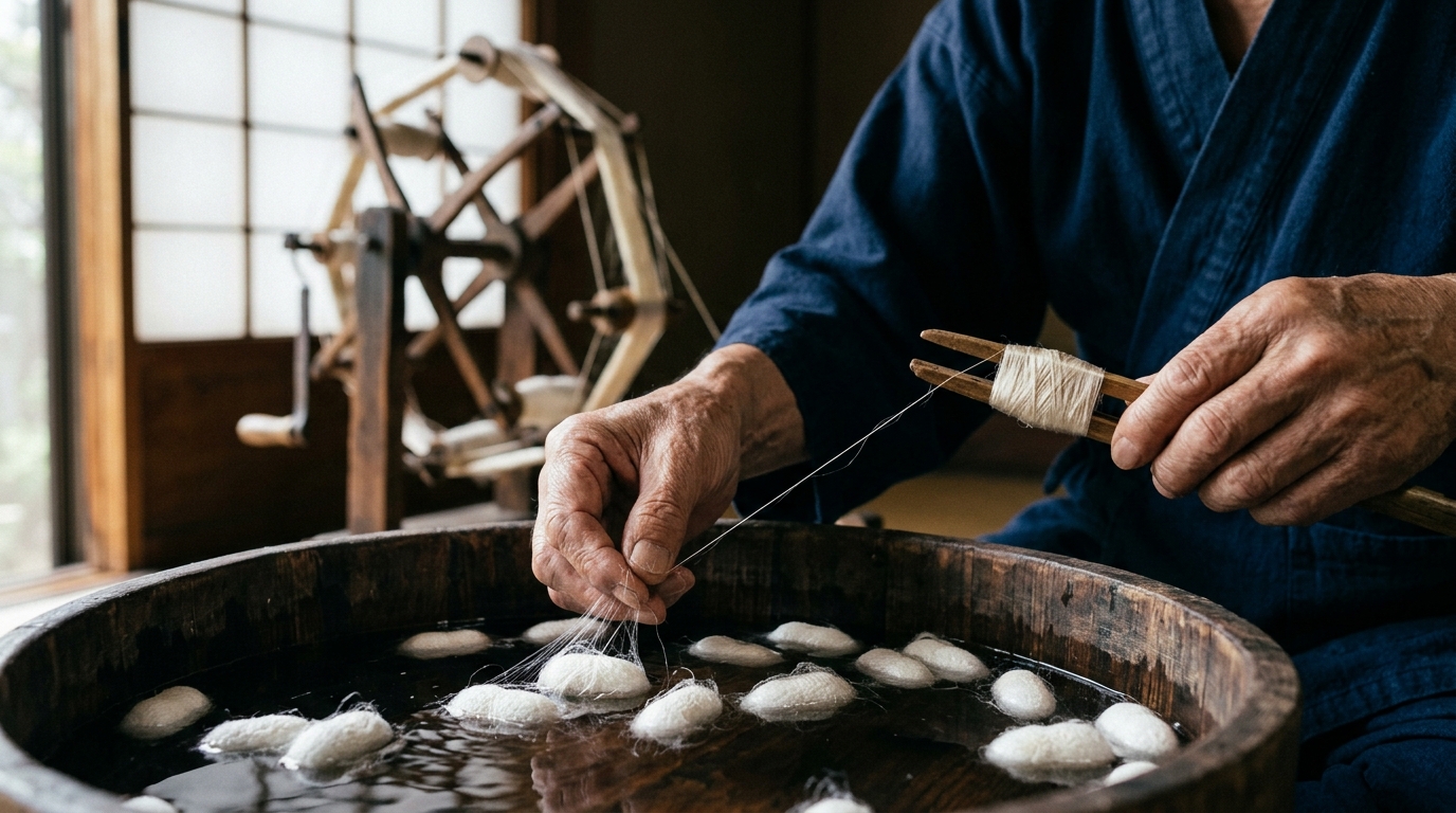 本文画像: 糸を繰る職人の手元