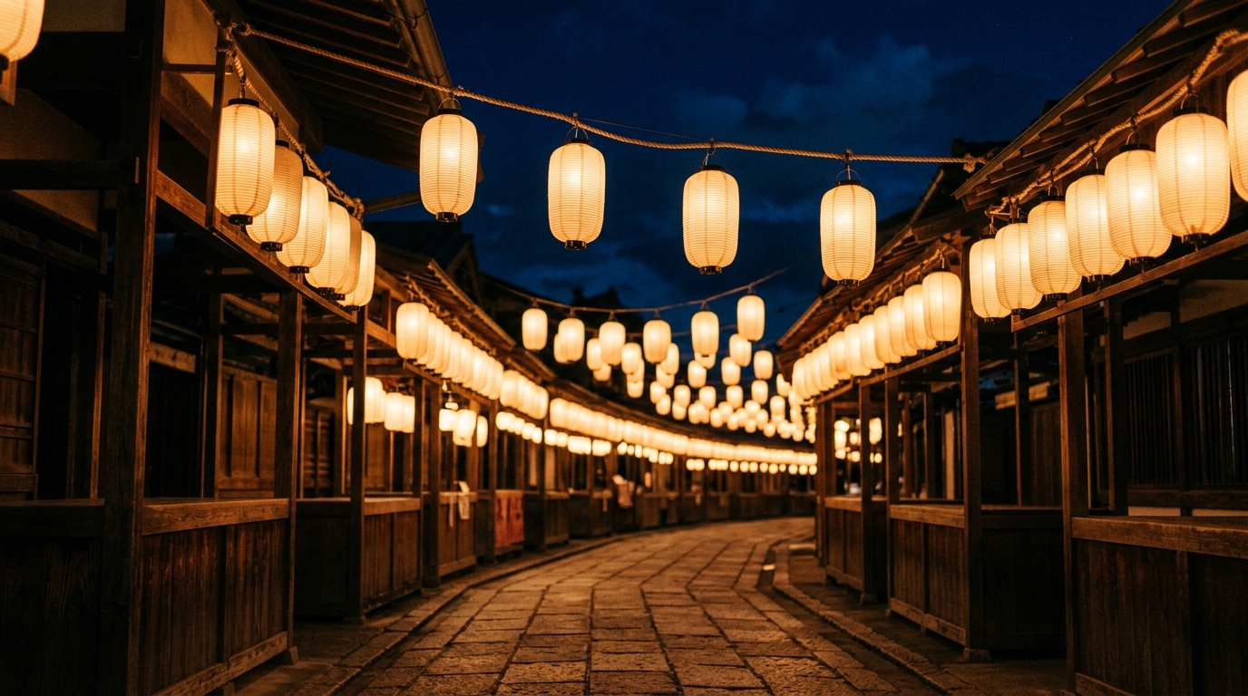 本文画像: 連なる提灯に灯る夜の明かり